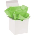 An open white box overflows with color, brimming with 480 sheets of MH-USA 20 x 30 Citrus Green Gift Grade Tissue Paper.