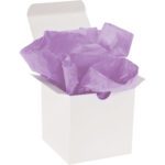 An open white box reveals crumpled MH-USA 20 x 30 Lavender Gift Grade Tissue Paper, offering a soft, light purple hue.