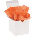A white gift box, slightly open, displays the vibrant MH-USA 20 x 30 Orange Gift Grade Tissue Paper (480 Sheets) inside.