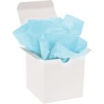 A white gift box with the lid open reveals MH-USA 20 x 30 Light Blue Gift Grade Tissue Paper (480 Sheets) nestled inside.
