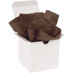 A white open box displays crumpled MH-USA 20 x 30 Brown Gift Grade Tissue Paper (480 Sheets) from a slightly elevated angle, with its top flaps open.