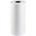 An unused MH-USA 20 White Tissue Paper Roll (5200/Roll) with a black core stands upright, featuring clean edges against a plain backdrop.