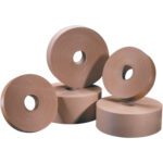 Four large rolls of 2 x 600 Kraft Tape Logic® Lbs6000 are stacked in a group. Each smooth-edged, brown roll features a central hole. These non-reinforced, water-activated tapes are set against a plain white background.