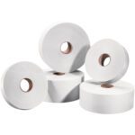 Five large rolls of white toilet paper are scattered on a white background, akin to the sturdy 2 x 600 White Tape Logic® Lbs6000 Non Reinforced Water Activated Tape. Each roll features a brown cardboard core at the center, arranged casually and overlapping like tape might be displayed.
