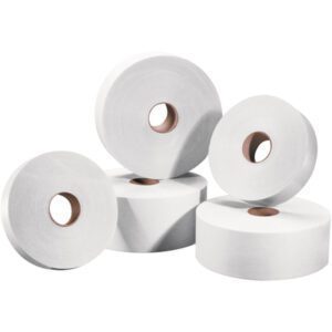 Five large rolls of white toilet paper are scattered on a white background, akin to the sturdy 2 x 600 White Tape Logic® Lbs6000 Non Reinforced Water Activated Tape. Each roll features a brown cardboard core at the center, arranged casually and overlapping like tape might be displayed.