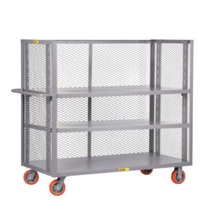 The gray metal cart, similar to the Little Giant 3-Sided Adjustable Shelf Trucks with mesh sides, includes three shelves and four orange and gray wheels. Its open design allows easy access and visibility of contents.