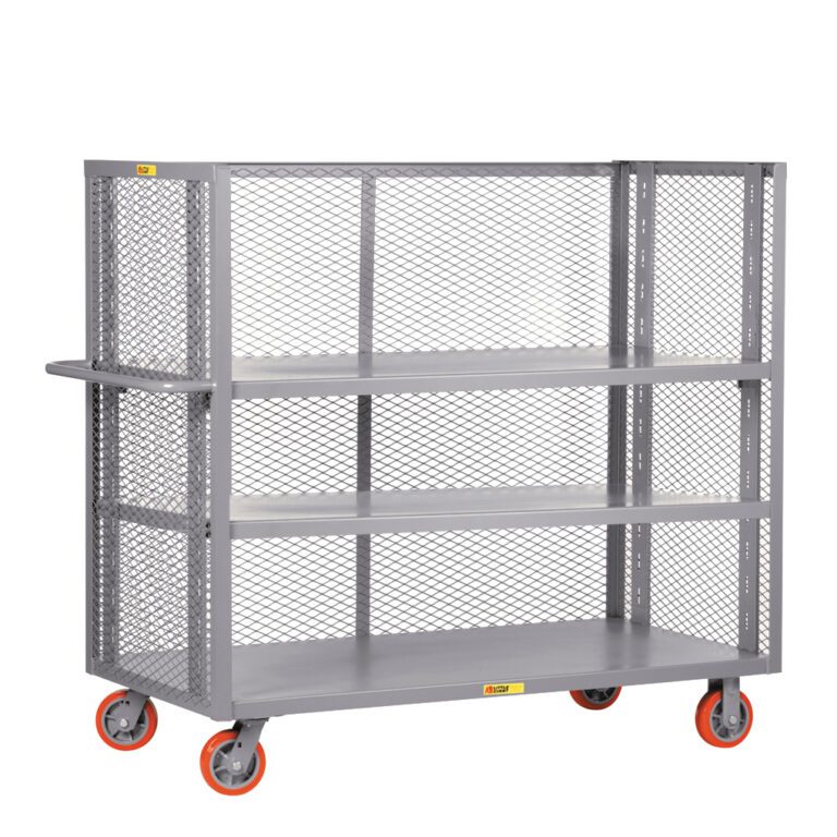 |k The gray metal cart, similar to the Little Giant 3-Sided Adjustable Shelf Trucks with mesh sides, includes three shelves and four orange and gray wheels. Its open design allows easy access and visibility of contents.