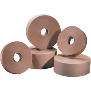 A group of four rolls from the 3 x 600 Kraft Tape Logic® Lbs6000 non-reinforced, water-activated tape, showcasing their central cores and dense thickness, is displayed on a pristine white background.