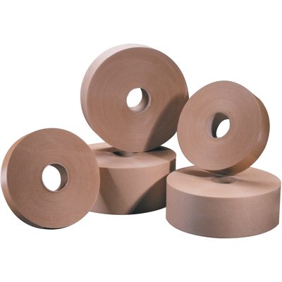 T36000.jpg A group of four rolls from the 3 x 600 Kraft Tape Logic® Lbs6000 non-reinforced, water-activated tape, showcasing their central cores and dense thickness, is displayed on a pristine white background.