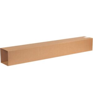 A long rectangular brown cardboard box, labeled MH-USA 6 x 6 x 48 Telescoping Inner Boxes (25/Bundle), leans against a simple white backdrop.