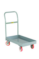 The Little Giant Steel Deck Platform Truck has a tall handle and four red and white swivel wheels. This gray metal hand truck features a flat base with raised edges for secure item transport, all displayed atop a crisp white background.
