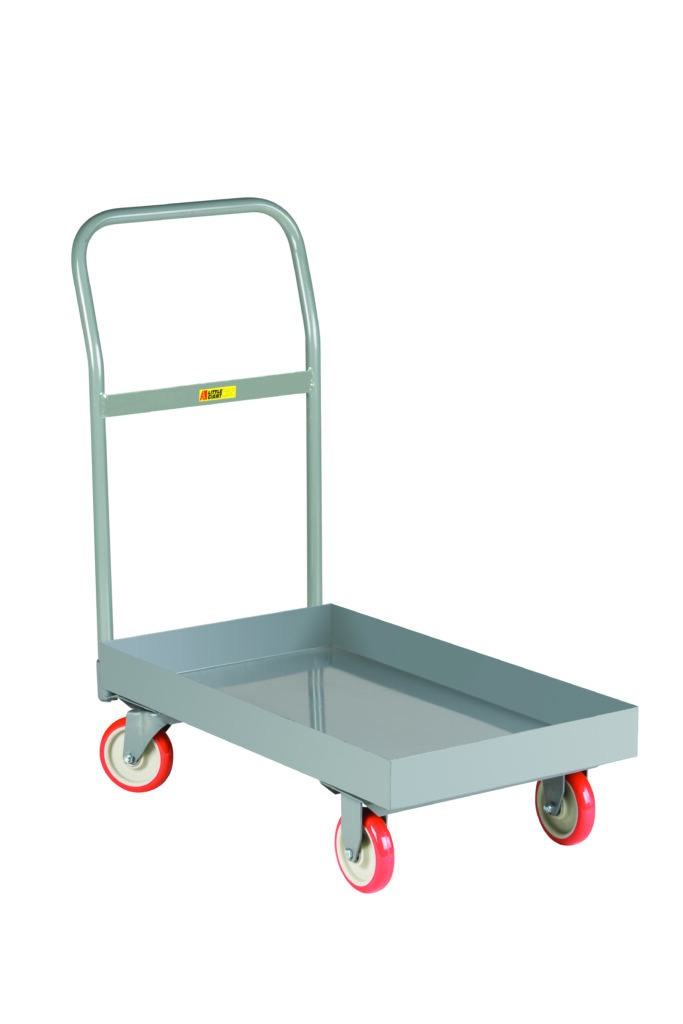 The Little Giant Steel Deck Platform Truck has a tall handle and four red and white swivel wheels. This gray metal hand truck features a flat base with raised edges for secure item transport, all displayed atop a crisp white background.