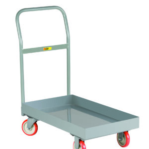 The Little Giant Steel Deck Platform Truck has a tall handle and four red and white swivel wheels. This gray metal hand truck features a flat base with raised edges for secure item transport, all displayed atop a crisp white background.