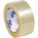 A partially unrolled roll of Tape Logic® Lbs131 Quiet Carton Sealing Tape, sized 2 x 55 yds., displays its clear texture. Ideal for secure box packing, it is available in a handy 6 pack.