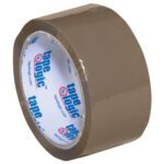 A 6-pack of 2 x 55 yds. Tan Tape Logic® Lbs170 Industrial Tape with white inner labeling in blue and red, showcasing its width and core to emphasize quality.