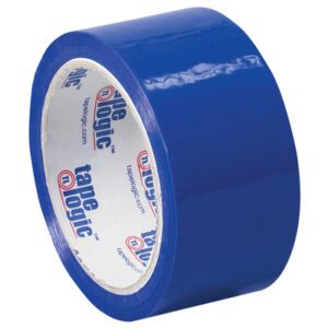 The 2 x 55 yds. Blue (18 Pack) Tape Logic® Carton Sealing Tape features a glossy surface, with tape logic on the inner cardboard, set against a pristine white background.