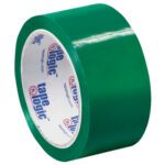 This 18-pack of 2 x 55 yds. green glossy Tape Logic® carton sealing tape features a blue and red logo on the core, ideal for packaging needs.