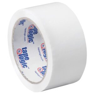 A roll of 2 x 55 yds. White Tape Logic® Carton Sealing Tape (36/Case) is partially unspooled, revealing its glossy adhesive surface, perfect for securing packages. Each case contains 36 rolls with branding on the inner cardboard ring.
