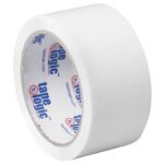 A 2 x 55 yds. White Tape Logic® carton sealing tape from a convenient 6 pack, featuring the brand on the inner ring, unrolls to reveal its smooth, glossy surface, perfect for packaging needs.