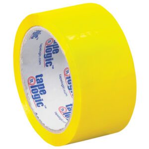A roll from the 18 pack of Tape Logic® Carton Sealing Tape, measuring 2 x 55 yds., shines brightly in yellow with unique branding on the inner side.