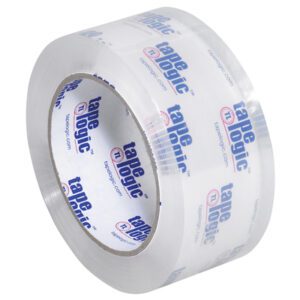 A roll of 2 x 55 yds. Pure Clear Tape Logic® Lbs260CC, printed in blue and red, is positioned diagonally against a white background.