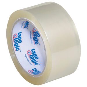 A roll of industrial-strength 2 x 55 yds. Clear Tape Logic® Lbs291 featuring a white core with blue and red Tape Logic branding and an angled glossy finish.
