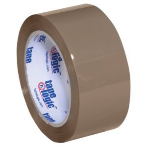 The 2 x 55 yds. Tan (6 Pack) Tape Logic® Lbs291 Industrial Tape features a white core and iconic blue/red branding, ideal for heavy-duty packing.