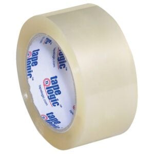A roll of 2 x 55 yds. Clear Tape Logic® Lbs350 Industrial Tape is labeled with Tape Logic and website details in blue and red on a white background. Available in cases of 36 rolls to meet all your packing needs.