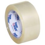 A roll from the 6-pack Tape Logic® Lbs350 Industrial Tape, measuring 2 x 55 yds., unrolls to show its clear, shiny surface, perfect for all packaging needs.