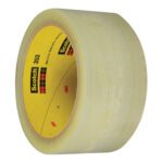 A partially unwound roll of 2 x 55 yds. Clear 3M™ 353 Carton Sealing Tape from a case of 36, with its yellow inner core showcasing the iconic logo and details. Ready for packaging needs.