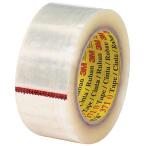 A vertically positioned roll of tape from a 6 Pack Scotch Box Sealing Tape 371 (2 x 55 yds.) has a clear body, red and black edge design, and a yellow inner core with 3M and Tape/Cinta/Ruban.