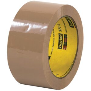 Displayed is a roll of tan Scotch® Box Sealing Tape 371, measuring 2 x 55 yds., with a yellow inner label featuring red and black plaid markings and Scotch printed on it. The tapes end is slightly lifted for easy use, available in a convenient 6 pack.