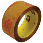 The 2 x 55 yds. Tan (6 Pack) 3M™ 3732 Pre-Printed Carton Sealing Tape features brown tape with red text, IF SEAL IS BROKEN CHECK CONTENTS BEFORE ACCEPTING, and a yellow inside with the Scotch logo for reliable sealing.
