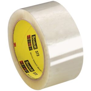 A roll of 2 x 55 yds. Scotch Box Sealing Tape 373 with a yellow inner label shines as it unrolls, showing its clear texture. This glossy pack of six, sold per case, is ideal for all packaging needs.