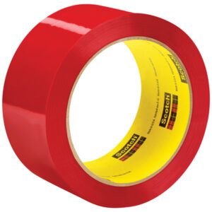 A six-pack of 2 x 55 yds. Scotch® Box Sealing Tape 373 features a bright red adhesive tape with a yellow interior displaying the Scotch brand name in black. Partially unraveled, it reveals a glossy texture ideal for packaging needs.