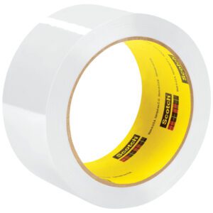 A roll of 2 x 55 yds. White Scotch® Box Sealing Tape 373, showing its clear texture and shiny finish with the iconic yellow interior logo, is ideal for secure sealing tasks. It comes in cases of 36 rolls.