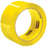 A roll from the 2 x 55 yds. Yellow (6 Pack) Scotch® Box Sealing Tape 373 is shown against a white background, featuring a glossy yellow finish and its black and yellow label visible inside the roll.