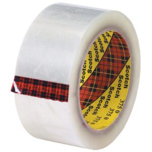 The 2 x 55 yds. Clear Scotch® Box Sealing Tape 375 reveals its plaid-patterned core with red and black edges, while the inside repeats the brand name on a yellow field.