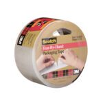 A roll of Scotch Tear-By-Hand Packaging Tape with a cardboard dispenser, showing two hands tearing tape, measures 48mm x 15m. Its ideal for versatile packaging needs and complements the durable Clear 3M™ 3842 Carton Sealing Tape (2 x 38 yds., 6 Rolls/Case). Background is plain white.