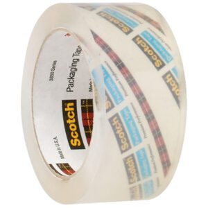 The Crystal Clear Scotch® Heavy-Duty Shipping Tape 3850, measuring 2 x 55 yds., features a plaid pattern with a logo on the label. Its semi-transparency reveals an intricate design inside each roll, sold in cases of 12 rolls.