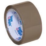 The 2 x 55 yds. Tan Tape Logic® Lbs400 Industrial Tape is showcased in a convenient 6 Pack, featuring its glossy finish and visible branding inside the core, perfect for all your packing needs.