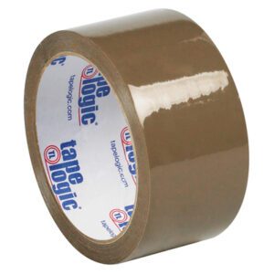 A roll of 2 x 55 yds. Tan Tape Logic® Lbs50 Natural Rubber Tape features white tape logic branding and logo on the inner core. This glossy-finish tape is sold in cases of 36 rolls, with one pulled slightly to display its texture.