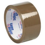 The 2 x 55 yds. Tan (6 Pack) Tape Logic® Lbs50 Natural Rubber Tape stands upright, featuring a shiny surface with an inner cardboard ring labeled Tape Logic alongside contact details, all part of a fresh and unused pack.