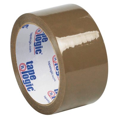 T90150T6PK.jpg The 2 x 55 yds. Tan (6 Pack) Tape Logic® Lbs50 Natural Rubber Tape stands upright, featuring a shiny surface with an inner cardboard ring labeled Tape Logic alongside contact details, all part of a fresh and unused pack.