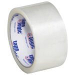 A 2 x 55 yds. Clear Tape Logic® Lbs600 Economy Tape roll, featuring a glossy finish and transparent texture with a white core showcasing the blue and red logo. Available in bulk as 36 rolls per case.