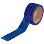 A roll of 2 x 60 yds. Blue Tape Logic® Secure Tape displays SECURITY TAPE and warns, IF WORD *OPENED* APPEARS DO NOT ACCEPT PARCEL. Partially unrolled to reveal the message, its available in cases of 36 rolls for optimal security.