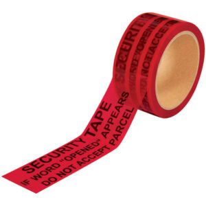The 2 x 60 yds. Red Tape Logic® Secure Tape (36 Rolls/Case) features a SECURITY TAPE. IF WORD OPENED APPEARS DO NOT ACCEPT PARCEL message on its red surface for enhanced shipping security.