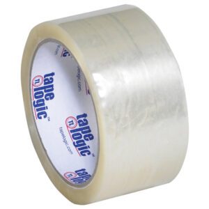 The 2 x 55 yds. Clear (6 Pack) Tape Logic® Lbs700 Economy Tape has a white inner label with tape logic in blue and red and a slightly glossy outer surface, offering a sleek look and reliable performance for packaging needs.