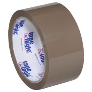 A case of 36 rolls of 2 x 55 yds. Tan Tape Logic® Lbs700 Economy Tape has a glossy, smooth finish with tape logic in blue and red on its white inner core, perfect for all your packing needs.