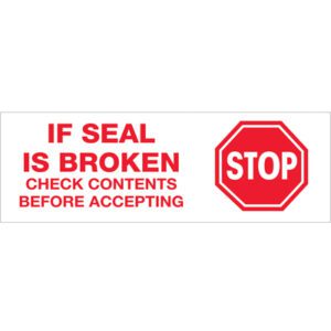 The bold red text IF SEAL IS BROKEN CHECK CONTENTS BEFORE ACCEPTING, paired with a stop sign graphic, mirrors the security assurance of Tape Logic®s 2 x 55 yds. sealing tape, available in a convenient 6-pack.